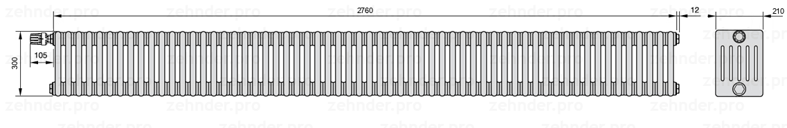 Схема (чертеж) Радиатор Zehnder Charleston 6030/60 №V012 Белый глянцевый RAL 9016